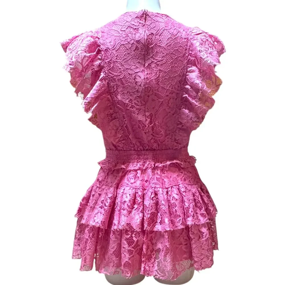 Idem Ditto Layered Lace Romper Mini Dress Pink Small